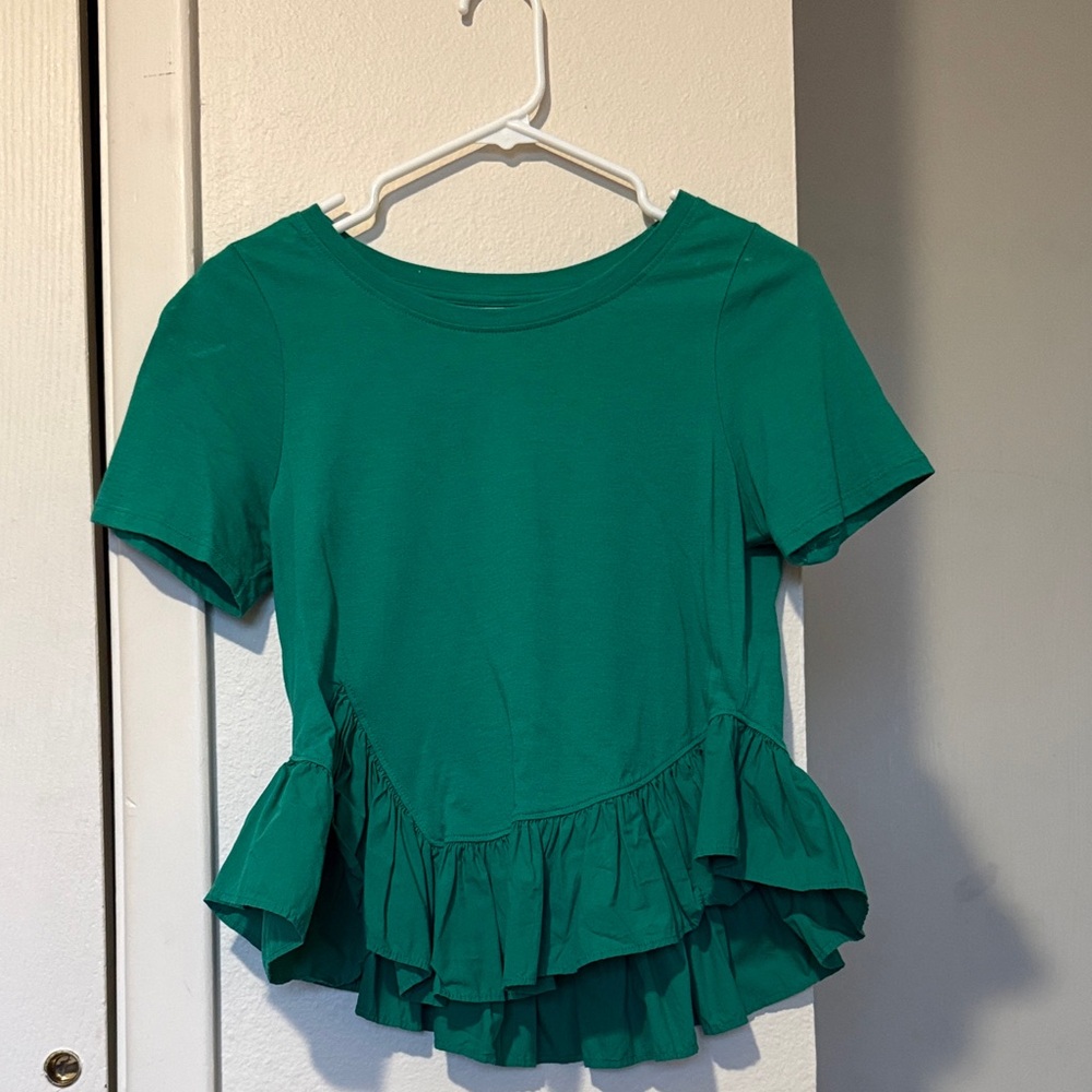 Anthropologie Green Ruffle Short Sleeve Top